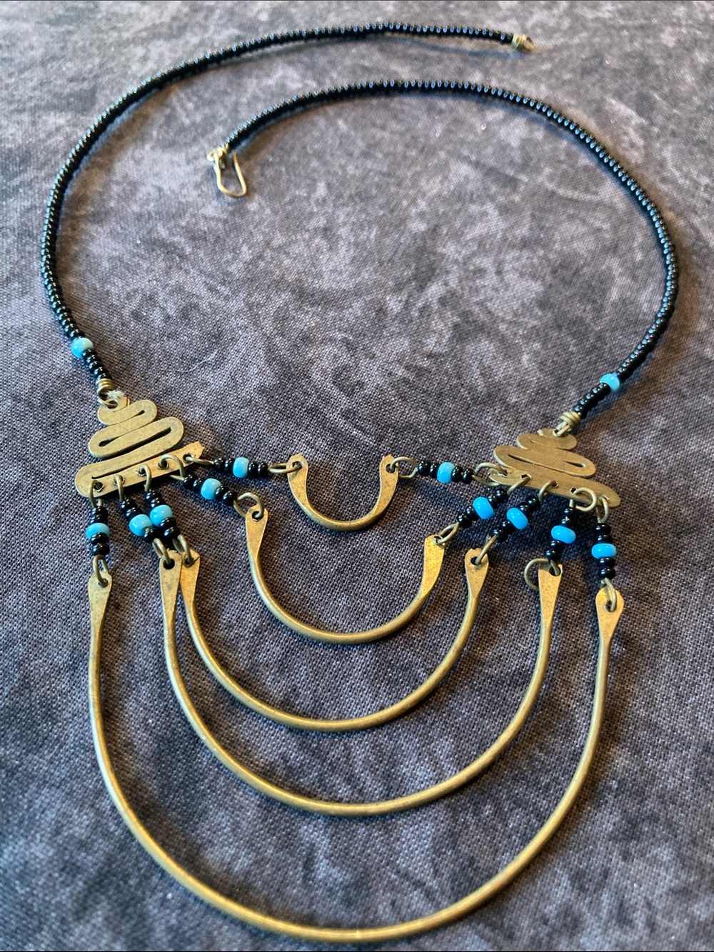 Brass and Turquoise Colored Multi-Arc Statement Necklace